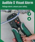 Self Adjusting Wire Stripper With Non Contact Voltage Detection showing voltage alarm in use on a blue wire during stripping