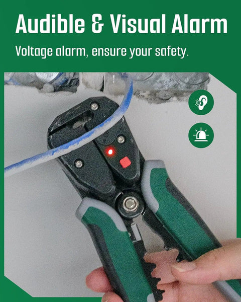 Self Adjusting Wire Stripper With Non Contact Voltage Detection showing voltage alarm in use on a blue wire during stripping