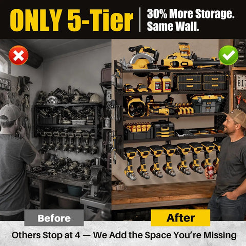 Heavy Duty Large Power Tool Organizer Wall Mount For Garage And Workshop Built Tough Black Metal Tool Rack With Easy Mount System Ample Storage For Drills Saws Bits And Accessories Keeps Tools Neat And Ready installed