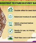 Image of Ready To Use Seed Starting Soil Mix With Coco Coir, Perlite, Vermiculite, And Worm Castings, 8 Dry Quarts, Peat Free 4-In-1 Blend For Germination And Seedlings showing features like consistent texture, double-sifted, balanced moisture and aeration, and peat-free composition.