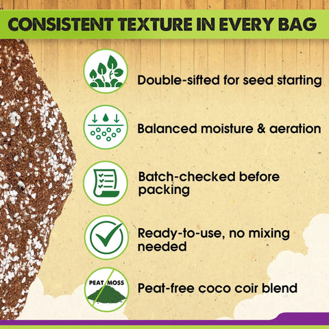 Image of Ready To Use Seed Starting Soil Mix With Coco Coir, Perlite, Vermiculite, And Worm Castings, 8 Dry Quarts, Peat Free 4-In-1 Blend For Germination And Seedlings showing features like consistent texture, double-sifted, balanced moisture and aeration, and peat-free composition.