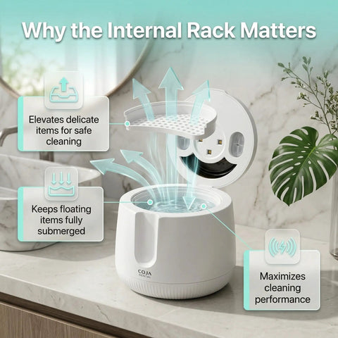 Ultrasonic Retainer Cleaner Pro With UV Light Rechargeable Dental Pod For Mouthguards Dentures And Aligners Three Cleaning Modes Quick Deep Gentle Tablets Included internal rack view