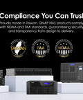 Heavy Duty Eight Bay Network Attached Storage Crafted As A Top Shelf Badass Rig Powered By Intel Atom C5125 Octa Core Processor showing compliance icons and product placement.