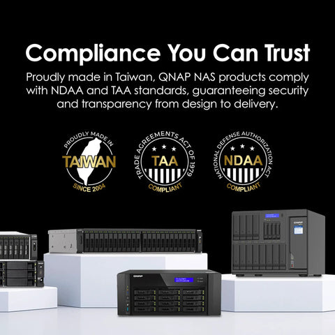 Heavy Duty Eight Bay Network Attached Storage Crafted As A Top Shelf Badass Rig Powered By Intel Atom C5125 Octa Core Processor showing compliance icons and product placement.