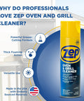 Image of Zep Oven & Grill Cleaner highlighting grease-cutting, foaming action, versatile use, and USA made