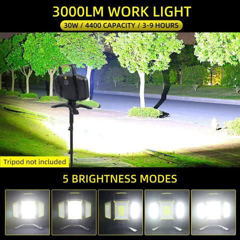 Rechargeable 30W LED Work Light With 3000 Lumen Output illuminating outdoor area, shown on stand with brightness modes