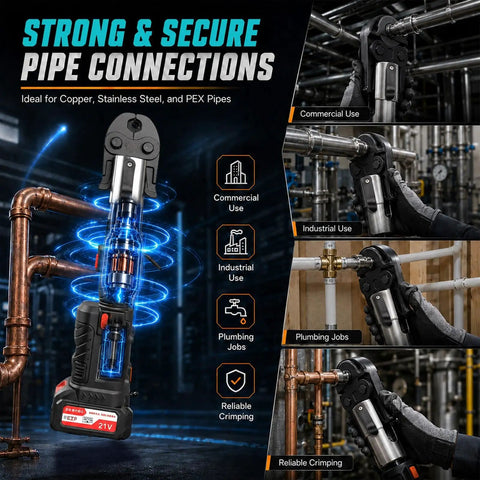 Newest Upgrade 21V Brushless Hydraulic Copper Pipe Crimping Tool Kit With Heavy Duty Dies for secure pipe connections on various pipes.