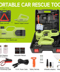 Simtamy 5T 12V electric car jack kit front view with green hydraulic jack, case, LCD screen and impact wrench