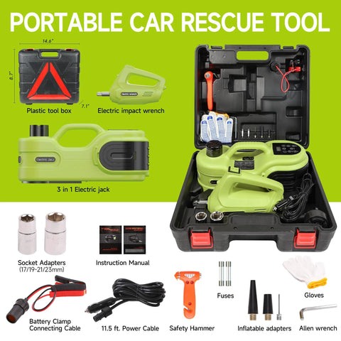 Simtamy 5T 12V electric car jack kit front view with green hydraulic jack, case, LCD screen and impact wrench
