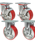 Five Inch Heavy Duty Caster Wheel Set With Four Industrial Grade Swivel Plates Featuring Top Lock Brakes For Moving Shop Toolboxes And Workbench Gear Straight Up Smooth - close-up view of wheels.