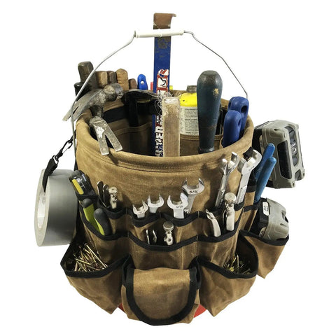 Waxed Canvas Tool Bucket Organizer For A 5 Gallon Bucket Heavy Duty Build With 58 Pockets Inside And Outside Pouches