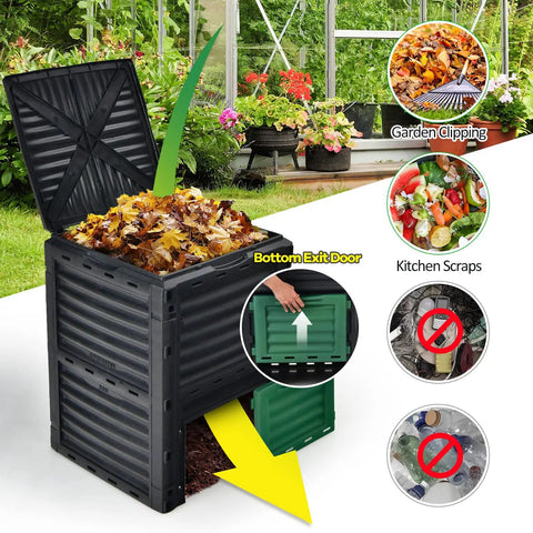 80 Gallon Outdoor Compost Bin With Top Flip Lid And Bottom Exit Door BPA Free Material Large Backyard Composter Barrel