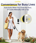 Woman with dog using Keyless Entry Smart Door Lock With App Access, Fingerprint Touch ID, Keypad Code, Card FOB And Traditional Key