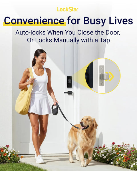 Woman with dog using Keyless Entry Smart Door Lock With App Access, Fingerprint Touch ID, Keypad Code, Card FOB And Traditional Key