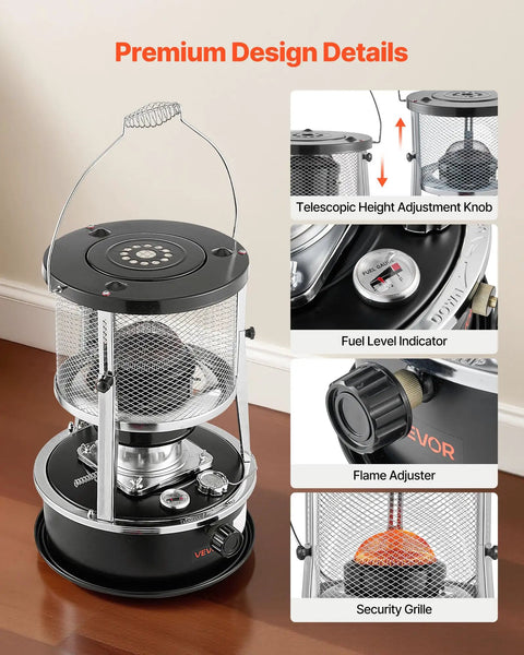 Image showing a 9000 BTU Kerosene Heater And Stove 2 In 1 Non Electric Indoor Outdoor Heater with adjustable height and flame control.