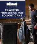 Person holding Heavy Duty 95 To 96 Gallon Black Garbage Liners 1.5 Mil Tear Resistant Trash Bags for Rollaway Carts.