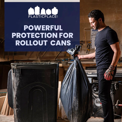 Person holding Heavy Duty 95 To 96 Gallon Black Garbage Liners 1.5 Mil Tear Resistant Trash Bags for Rollaway Carts.