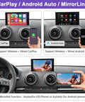 Car dashboard showing Wireless CarPlay Retrofit Kit for Audi A3 S3 2013 2018 With Android Auto, Mirror Link, And Reverse Camera.