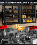Ultra Heavy Duty 5 Tier Garage Shelving With Double Steel Legs And Two Side Pegboards Standing Rock Solid For Basement Pantry Workspaces Backed By 1000 Pound Capacity Per Level In A Rugged 10 Pack Made For Easy Hauling And Zero Stress Moves, showing organized tools on tidy metal shelves.