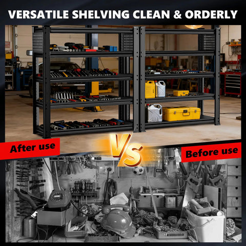 Ultra Heavy Duty 5 Tier Garage Shelving With Double Steel Legs And Two Side Pegboards Standing Rock Solid For Basement Pantry Workspaces Backed By 1000 Pound Capacity Per Level In A Rugged 10 Pack Made For Easy Hauling And Zero Stress Moves, showing organized tools on tidy metal shelves.
