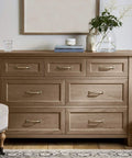 Flint Gray Oil Based Wood Stain One Quart Penetrating Finish For Furniture And Cabinets applied on a dresser with six drawers.