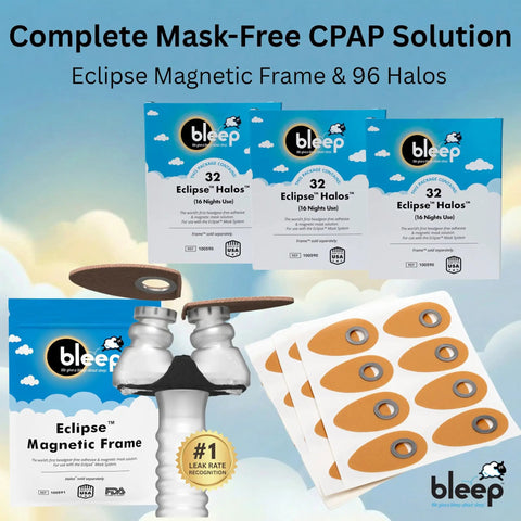 Eclipse Magnetic Frame With 96 Halos For Maskless CPAP Nose Mask Sleep Apnea Machine MagSeal Ports For Eclipse Frame BPA Free Corn and headgear free CPAP accessories supplies 48 Day Supply shown