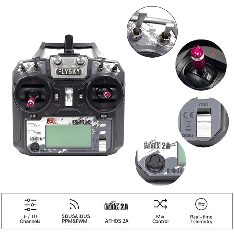 10 Channel 2.4GHz RC Transmitter With FS-iA10B Receiver And Upgrade Cable, showing controls and detailed features on black unit.