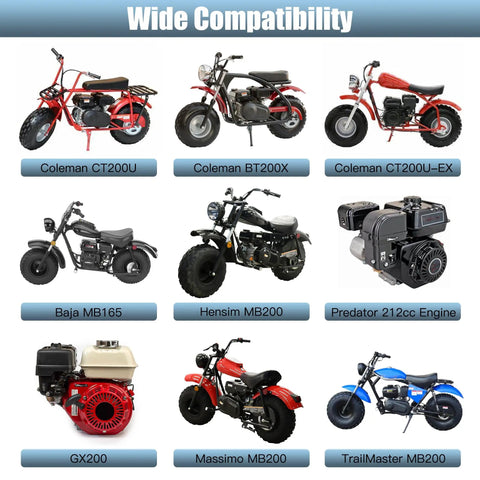 Wide compatibility for 40T Sprocket 420 Chain Kit For Coleman And Predator Mini Bikes showing CT200U, BT200X, MB165, MB200 models.