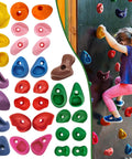 32 Piece Rock Climbing Holds Set For Kids And Adults on a wall with child climbing