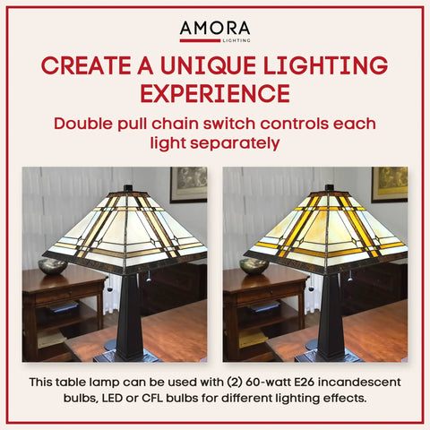 Vintage Tiffany Style Table Lamp With Stained Glass Shade 23 Inch Nightstand Light For Living Room Warm Brown Glass Handcrafted Art Glass With Antique Finish Cozy Glow And Chic Accent Lighting on wooden table