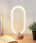 Ellipse Shaped Wooden Table Lamp With RGB Color Changing Light Featuring 16 Color Modes, handmade beech night light on desk.