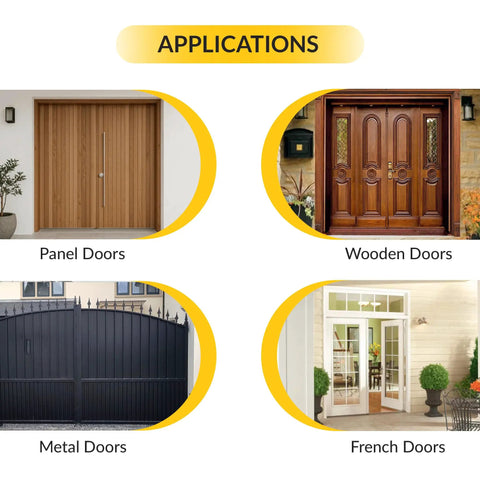Pro Grade Emergency Break In Tool Stainless Steel Construction With Grippy Red Rubber Sleeve Compact Firefighter Quick Entry Kit shown on panel, wooden, metal, and French doors.