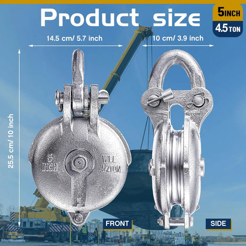 Heavy Duty Snatch Block Pulley With Shackle And Pin, 4.5 Ton Capacity, 5 Inch Sheave, Silver Finish, Wire Rope Cable Pulley For Rigging, Lifting, Towing, Off Road, Marine Use, front and side view