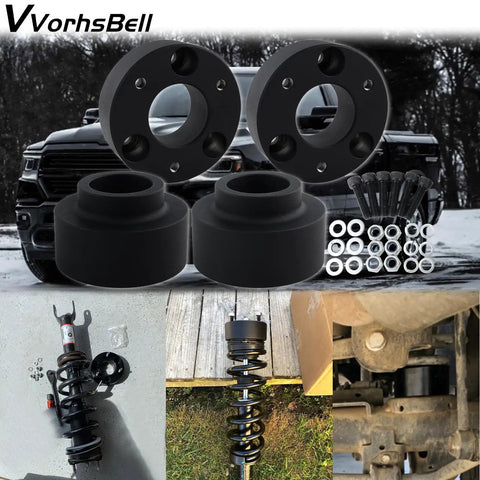 2.5 Inch Front Strut Spacers And 1.5 Inch Rear Lift Spacer Kit For Ram 1500 4WD 4X4 2009 Through 2022 in black aluminum with hardware