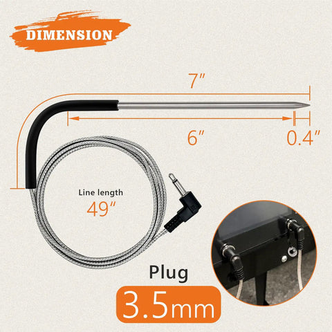 2 Pack Temp Meat Probe Replacement For Pellet Grills And Smokers With 3.5 mm Plug Probes showing dimensions and plug style
