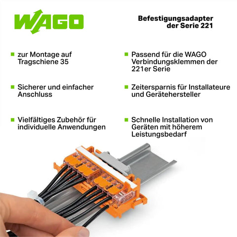 221-500 Mounting Carrier For 221 Series Splice Connectors To Terminal Block Conversion, 24-12 AWG, DIN-35 Rail Or Panel Mount, Orange, Box Of 10 Pieces on DIN rail