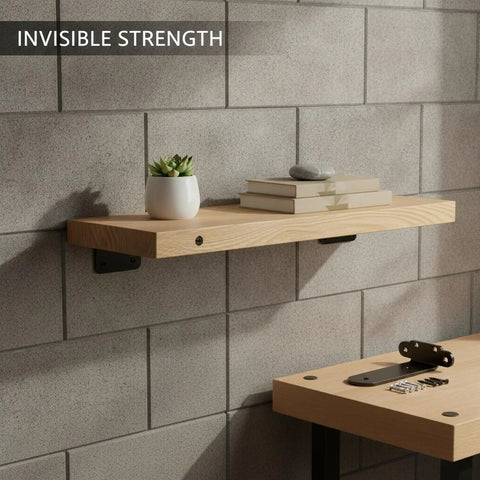 Solid Stainless Steel Floating Shelf Brackets With Hidden Wall Mount Hardware For Wood Shelves, Brushed Finish, rock wall shelf with wood board