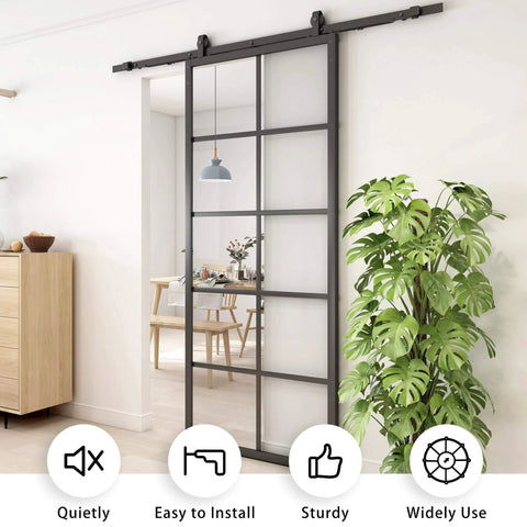 DIY Glass Sliding Kitchen Barn Door 42 Inch Wide 84 Inch High with Aluminum Frame and 5 Lite Tempered Glass Panels installed