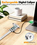 6 Inch Digital Caliper With Rechargeable Battery And Type C Charging Backlit LCD Screen on desk connecting to laptop