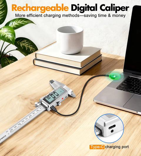6 Inch Digital Caliper With Rechargeable Battery And Type C Charging Backlit LCD Screen on desk connecting to laptop
