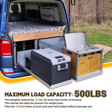 Beefy Heavy Duty Drawer Slides 500 Lb Capacity Full Extension Ball Bearing Side Mount Rails in a van with tools and storage