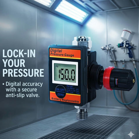 Digital Air Pressure Regulator With Locking Valve For Precise Airflow Up To 160 PSI with digital display in industrial setting