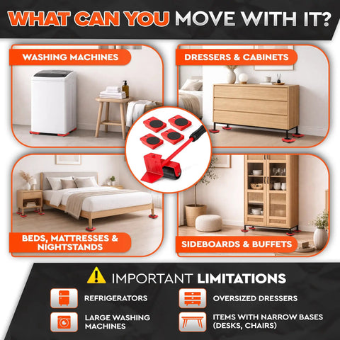 Hard Floor Furniture Movers With Wheels Up To 220 Lbs Appliance Lifter Tool Set With 11.9 Inch Lever And Four Sliders For Sofas Beds Dressers And Cabinets Easy Room Rearranging Not For Carpet