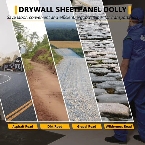 Beefy Heavy Duty Panel Dolly Slab Dolly With 10 Inch Solid Wheels And 1000 Pound Load Capacity, shown on various terrain types.