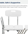 Tub Transfer Bench With U Shaped Cutout Guard Keeps Shower Curtain Inside Tub No Spill Design Adjustable Height Reversible Layout 400 Lb Capacity Safe Bathing Aid For Easy Entry And Exit White with backrest and handle.