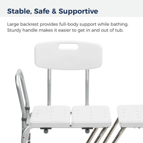 Tub Transfer Bench With U Shaped Cutout Guard Keeps Shower Curtain Inside Tub No Spill Design Adjustable Height Reversible Layout 400 Lb Capacity Safe Bathing Aid For Easy Entry And Exit White with backrest and handle.