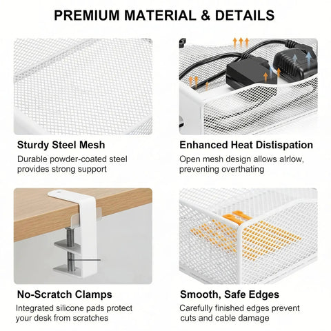 Extra Wide Under Desk Cable Management Tray With No Drill Install For Office And Home Desks White XL Cord Organizer details view