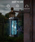 Outdoor Bug Zapper 4000V Electric Mosquito Zapper, 15W UV Light, IPX4 Corded Fly Trap shown hanging outdoors