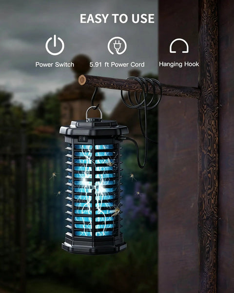 Outdoor Bug Zapper 4000V Electric Mosquito Zapper, 15W UV Light, IPX4 Corded Fly Trap shown hanging outdoors