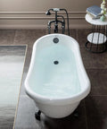 Slick Freestanding Clawfoot Tub Bundle Featuring Top Shelf Oil Rubbed Bronze Faucet And Drain Assembly All In One Premium Bathroom Soaking Package For Effortless Setup, top-down view with water.